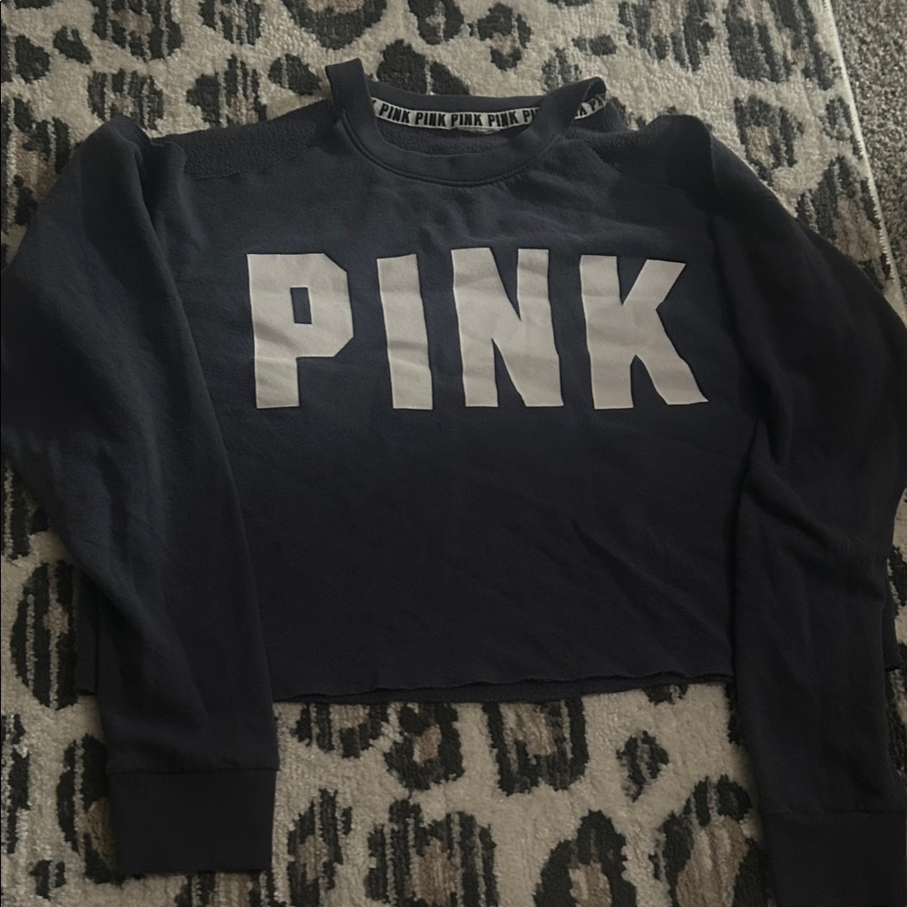 PINK Victoria's Secret Navy Cropped Crewneck with White Logo